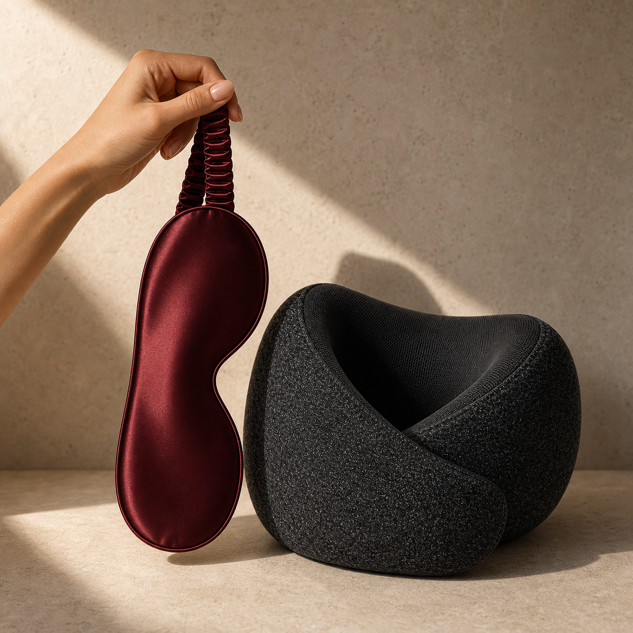 Dormio Sleep Travel Set: Bordeaux Seidenmaske in der Hand mit Cocoon Nackenkissen